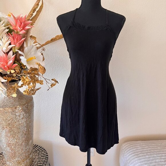 Y2K Black Flowy Fitted Halter Mini Dress with Lace Trim S - Picture 1 of 8